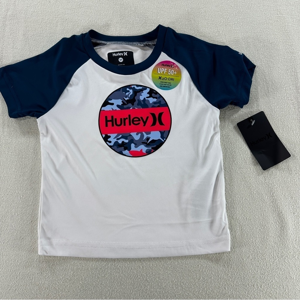Hurley Kids' White/Navy Camo Graphic Swim H2O Dri Rash Guard Shirt UPF 50 2T NWT